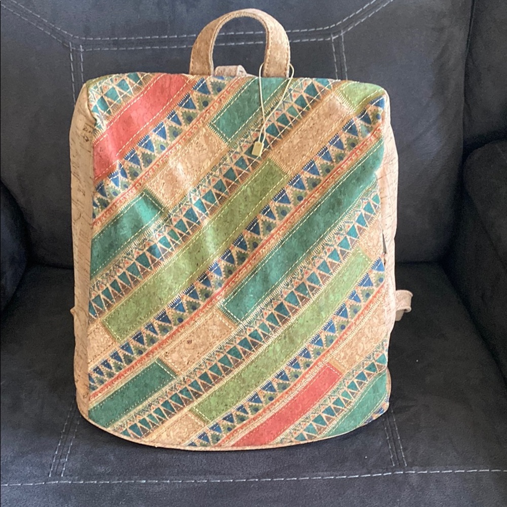 Tan Cork Backpack with Green Accents